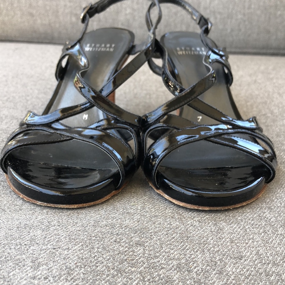 STUART WEITZMAN - Operetta Black Patent  Leather Heeled Sandals - Picture 7 of 12